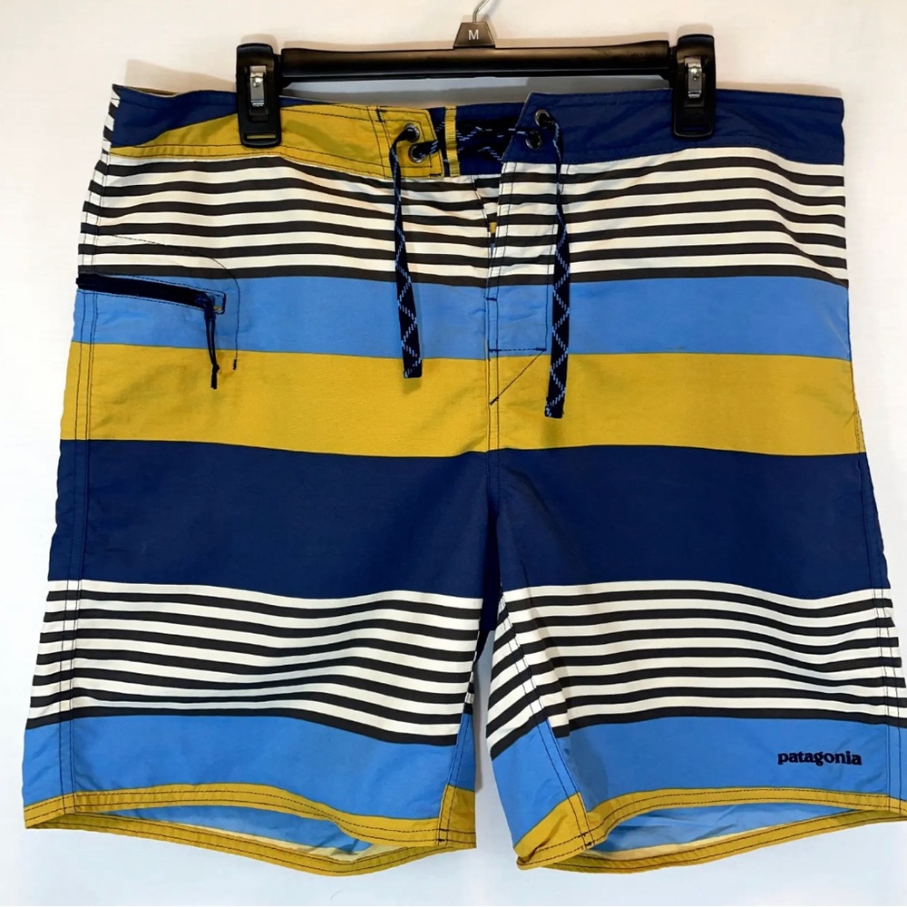 Patagonia Swim Trunks Mens Size 36 Yellow Blue Black Stripes